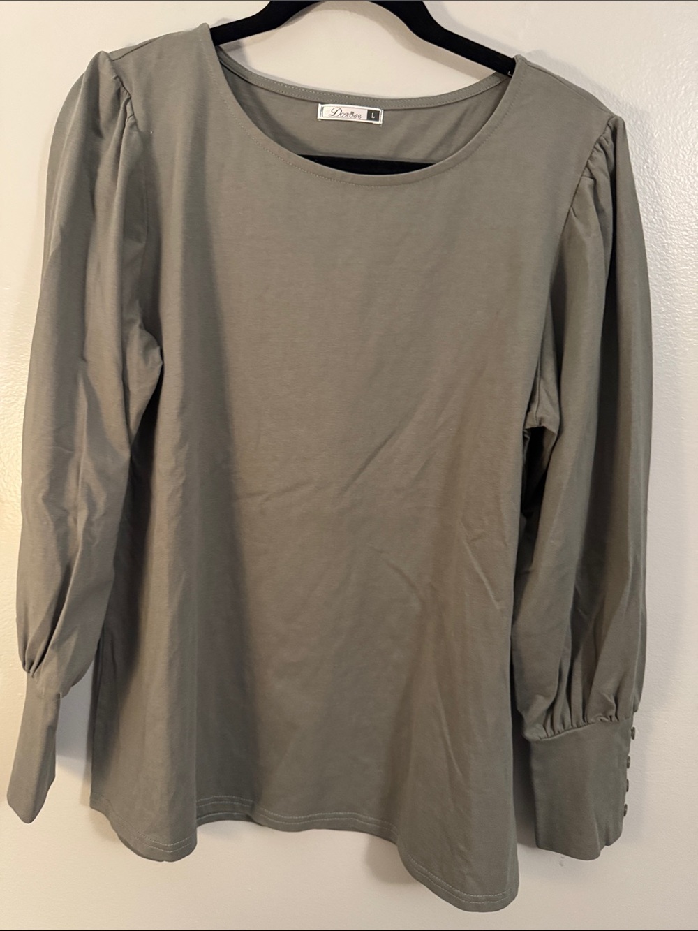 Dorose Olive Green Puff-Sleeve Scoop Neck Top